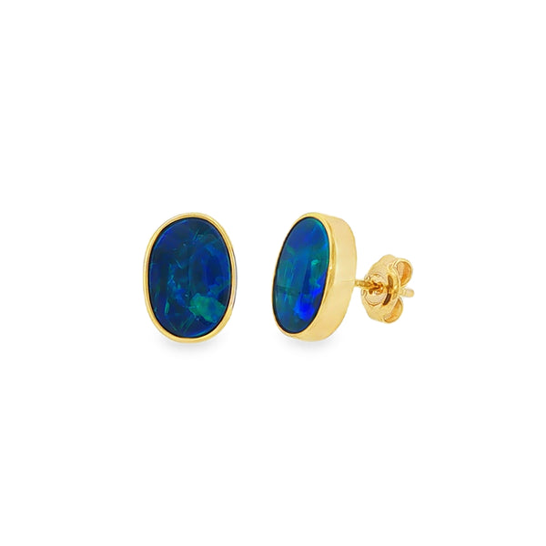 Opal Freeform Doublet, 9ct Yellow Gold Stud Earrings