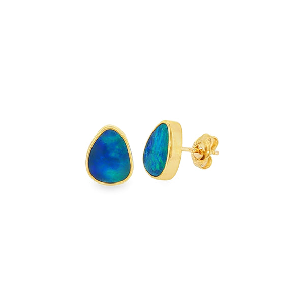 Opal Freeform Doublet, 9ct Yellow Gold Stud Earrings