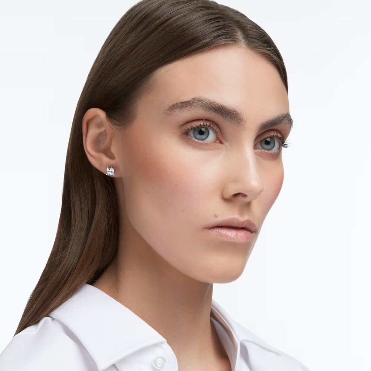 Swarovski Stilla Attract Square cut, White, Rhodium plated Stud Earrings
