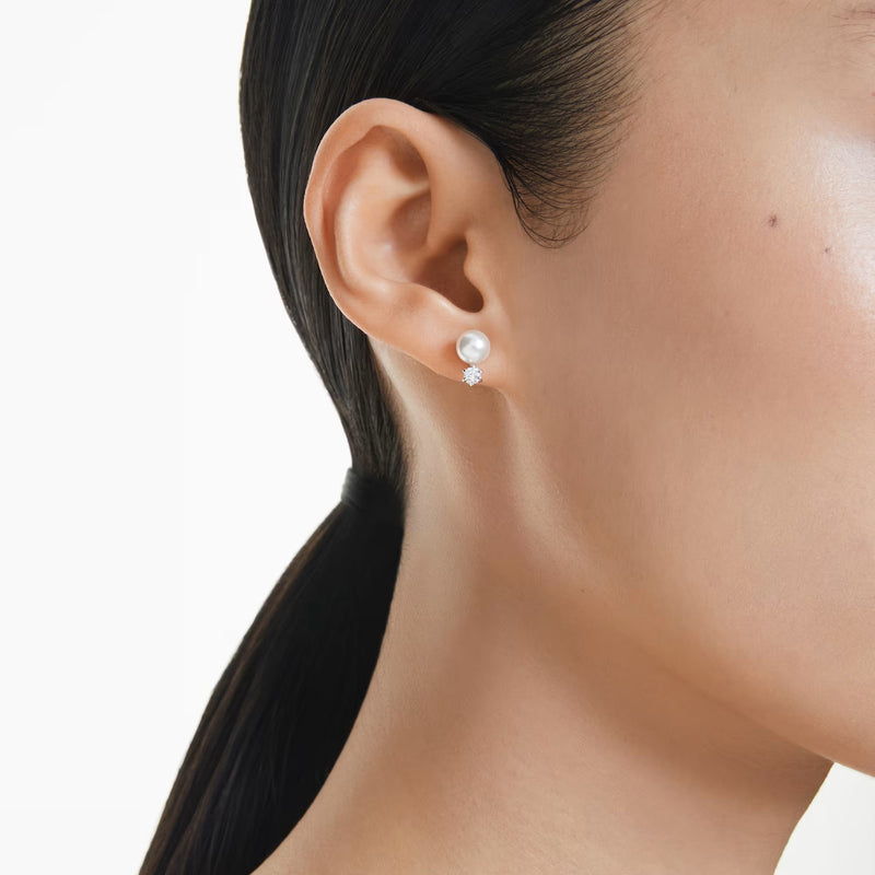 Swarovski Matix Crystal pearl, Round cut, White, Rhodium plated Stud Earrings