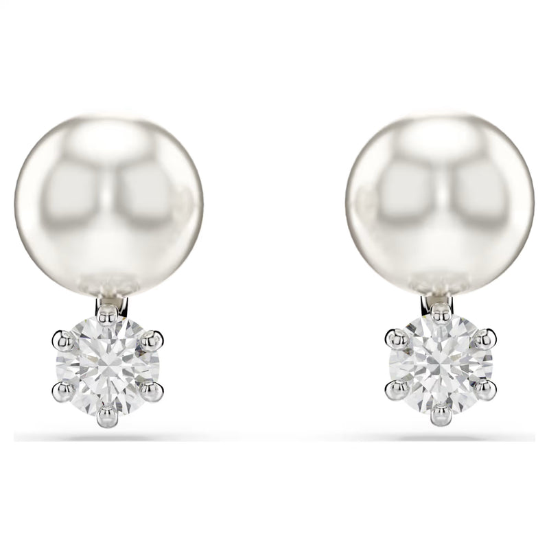 Swarovski Matix Crystal pearl, Round cut, White, Rhodium plated Stud Earrings