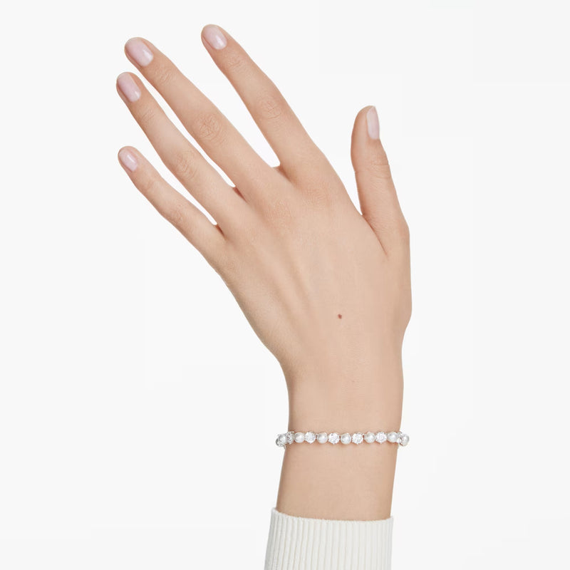 Swarovski Matrix Crystal pearl, Round cut, White, Rhodium plated Tennis Bracelet