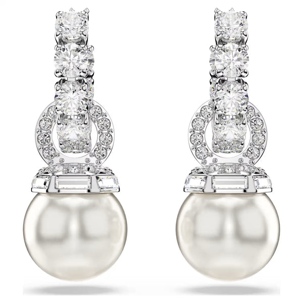 Swarovski Matrix Crystal pearl, Round cut, White, Rhodium plated Drop Earrings