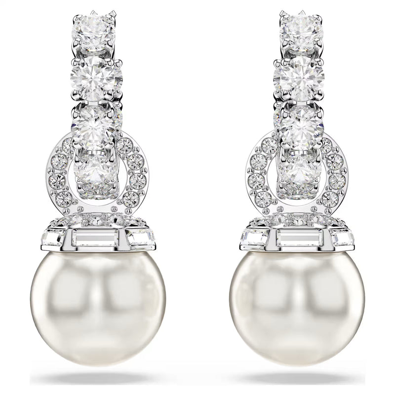 Swarovski Matrix Crystal pearl, Round cut, White, Rhodium plated Drop Earrings