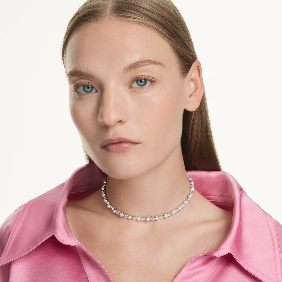 Swarovski Matrix Crystal pearl, Round cut, White, Rhodium plated Tennis Necklace