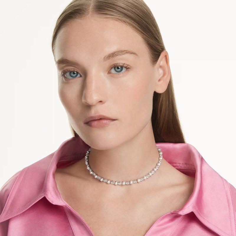 Swarovski Matrix Crystal pearl, Round cut, White, Rhodium plated Tennis Necklace