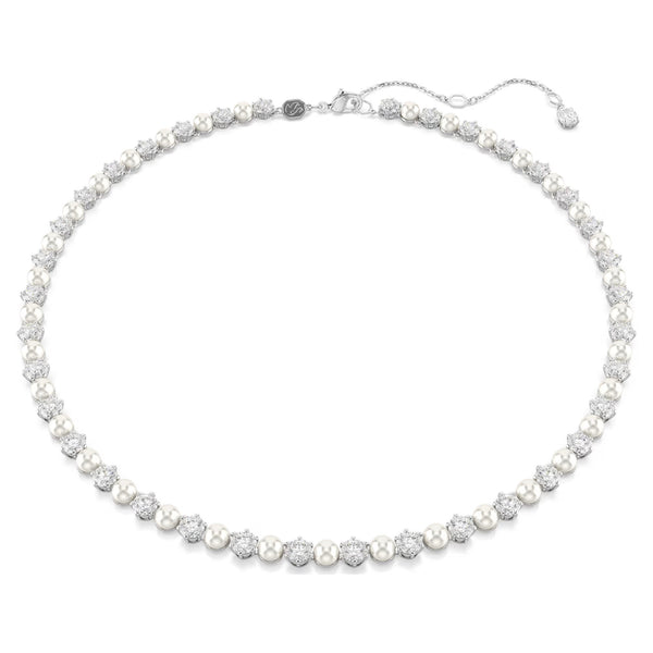 Swarovski Matrix Crystal pearl, Round cut, White, Rhodium plated Tennis Necklace