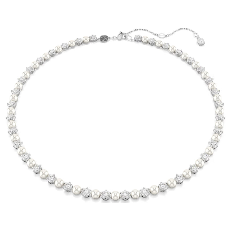 Swarovski Matrix Crystal pearl, Round cut, White, Rhodium plated Tennis Necklace