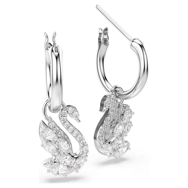 Swarovski Swan Mixed cuts, Swan, White, Rhodium plated Drop Earrings