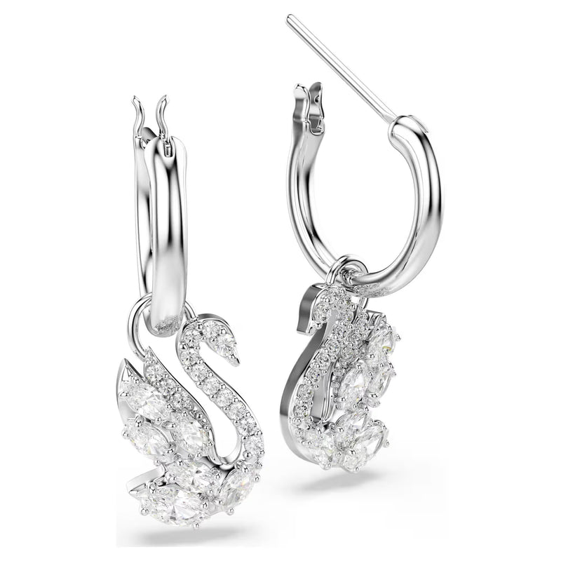 Swarovski Swan Mixed cuts, Swan, White, Rhodium plated Drop Earrings