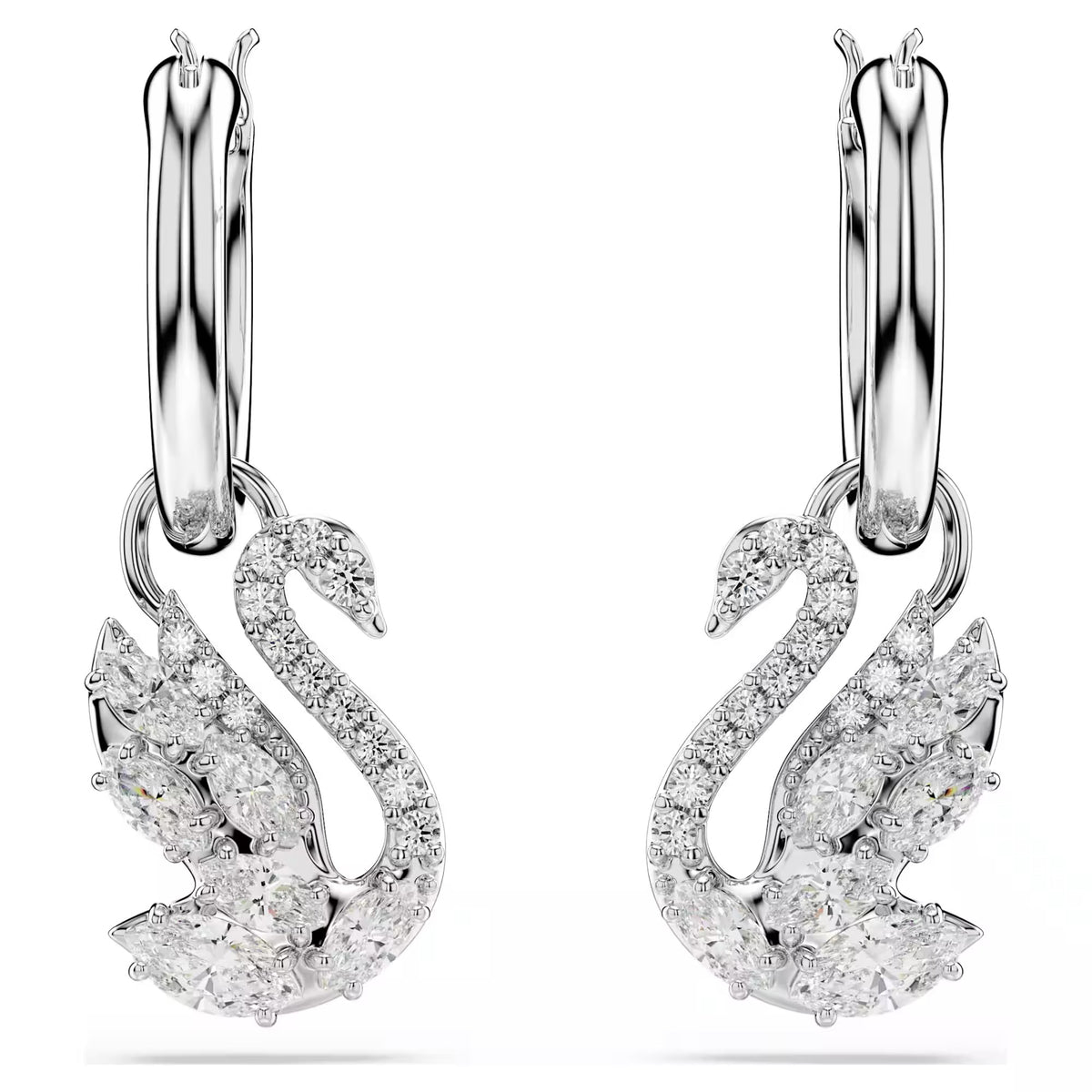 Swarovski Swan Mixed cuts, Swan, White, Rhodium plated Drop Earrings
