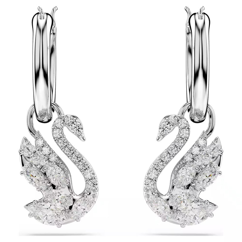 Swarovski Swan Mixed cuts, Swan, White, Rhodium plated Drop Earrings
