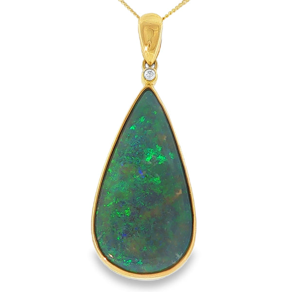 Solid Pear Shaped Opal and Diamond, 9ct Yellow Gold Pendant