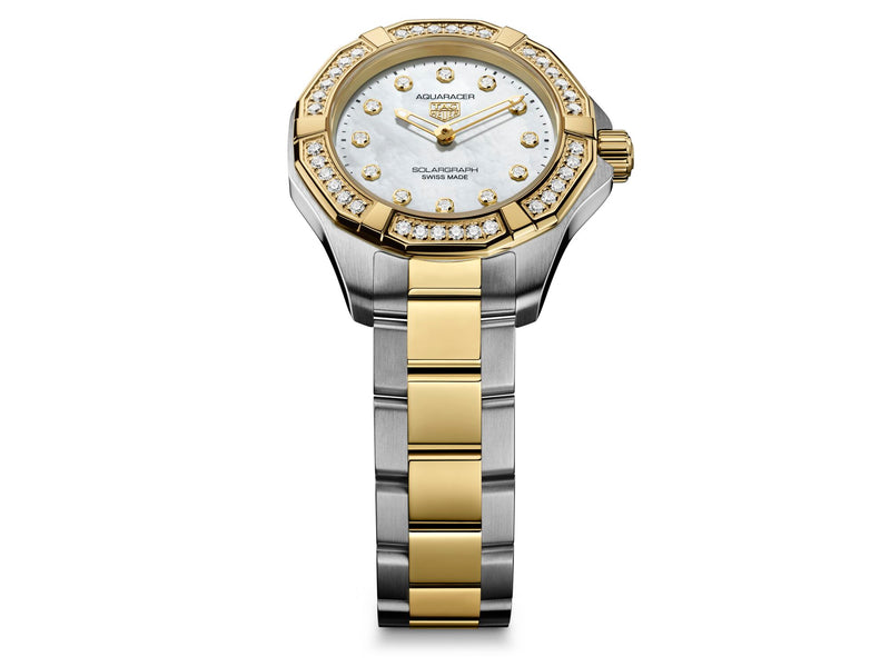 Tag Heuer Aquaracer Professional 100 Solargraph Mother of Pearl Two-Tone, Diamond Bezel 28mm WBP1420.BB0006