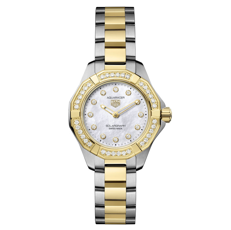 Tag Heuer Aquaracer Professional 100 Solargraph Mother of Pearl Two-Tone, Diamond Bezel 28mm WBP1420.BB0006