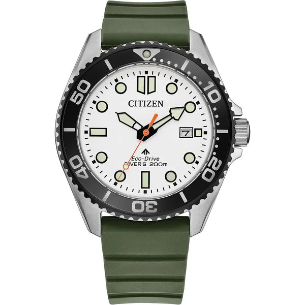 Citizen Eco-Drive Promaster Diver White 41mm Green Strap Watch BN0265-00A