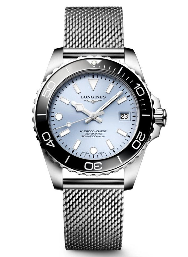 Longines HydroConquest Frosted Blue 39mm Steel  Mesh Bracelet Watch L3.779.4.99.6