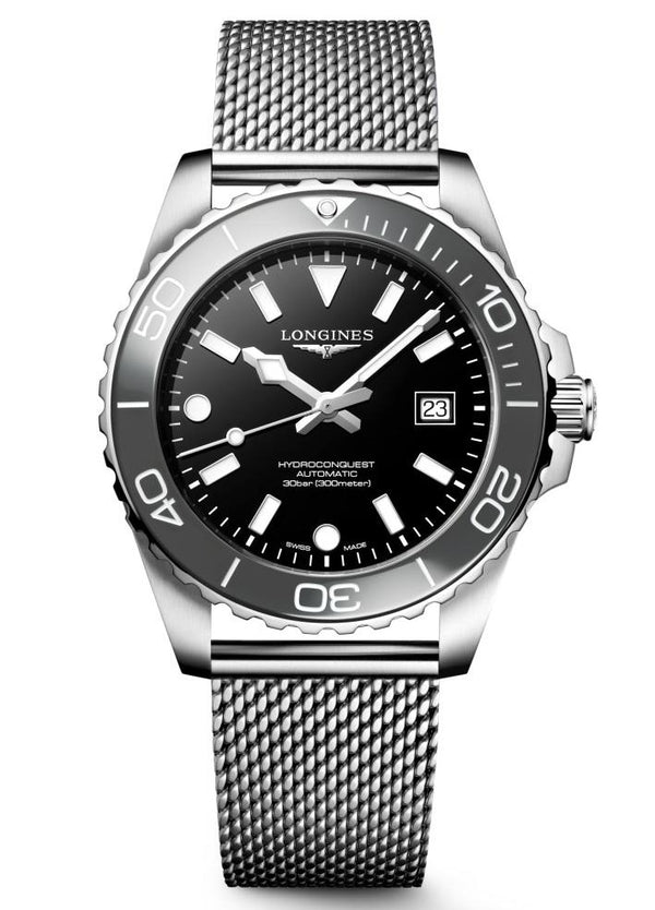 Longines HydroConquest Black 42mm Steel Mesh Bracelet Watch L3.788.4.70.6