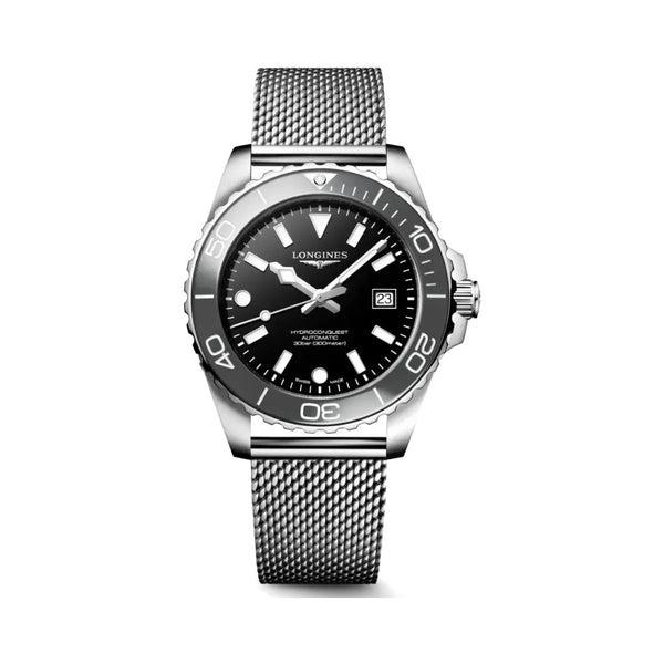 Longines HydroConquest Black 42mm Steel Mesh Bracelet Watch L3.788.4.70.6