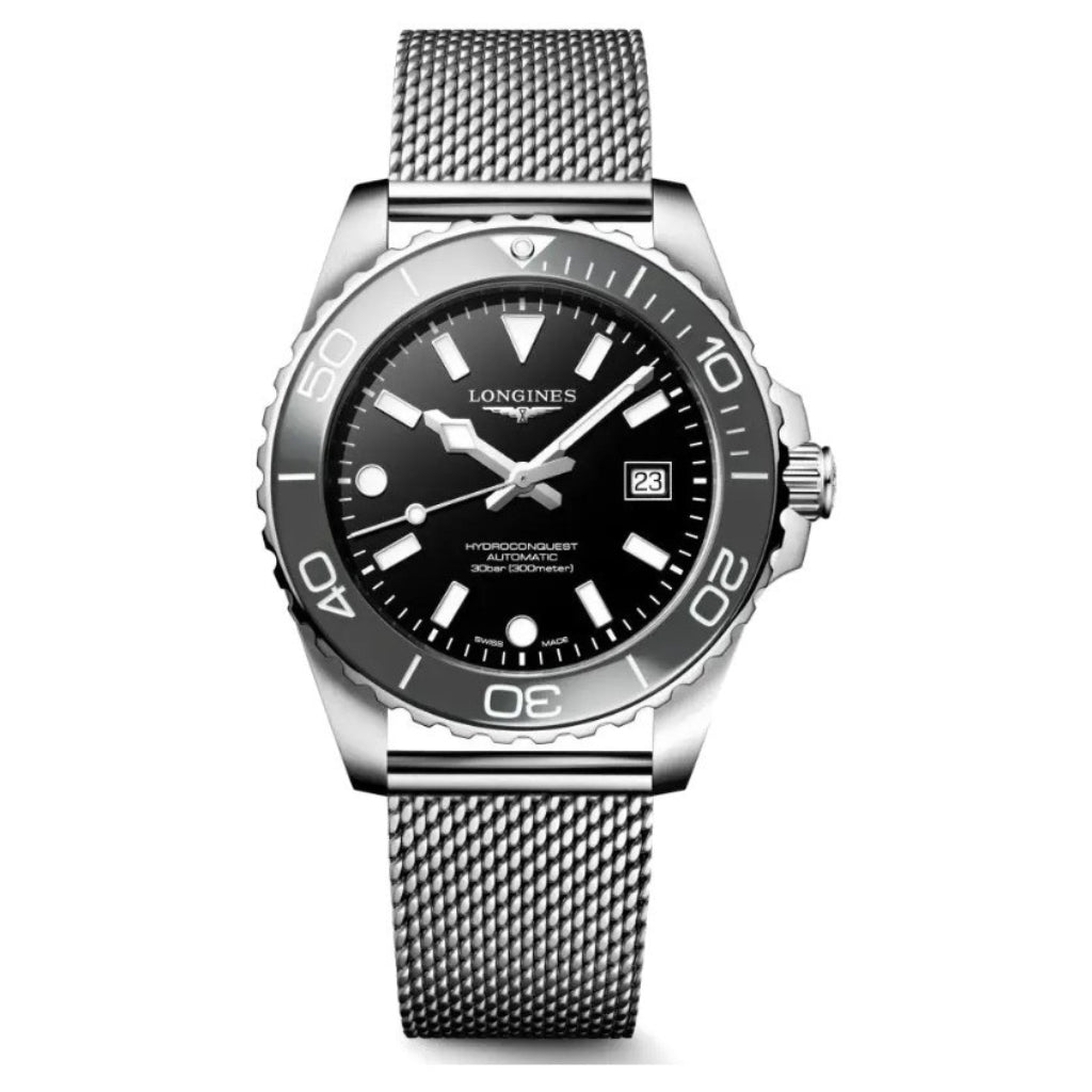 Longines HydroConquest Black 42mm Steel Mesh Bracelet Watch L3.788.4.70.6