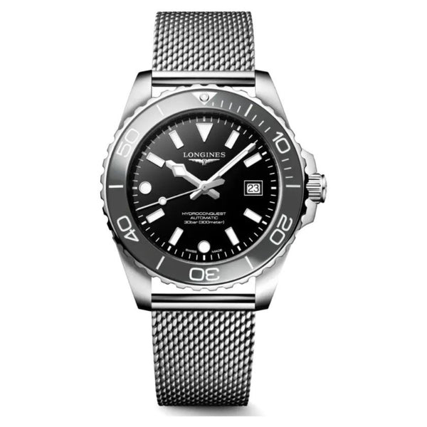 Longines HydroConquest Black 42mm Steel Mesh Bracelet Watch L3.788.4.70.6