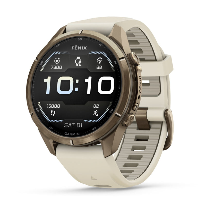 Garmin Fenix® 9 Pro - 43mm, Autumn Gold Titanium with Cream/French Grey Silicone Band Watch 010-04335-26