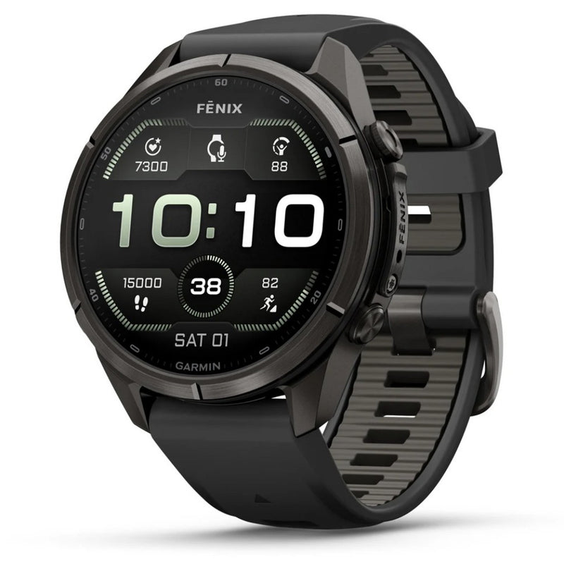 Garmin Fenix® 9 Pro - inReach®, 43mm, Carbon Gray DLC Titanium with Black/Pebble Grey Silicone Band Watch 010-04335-11