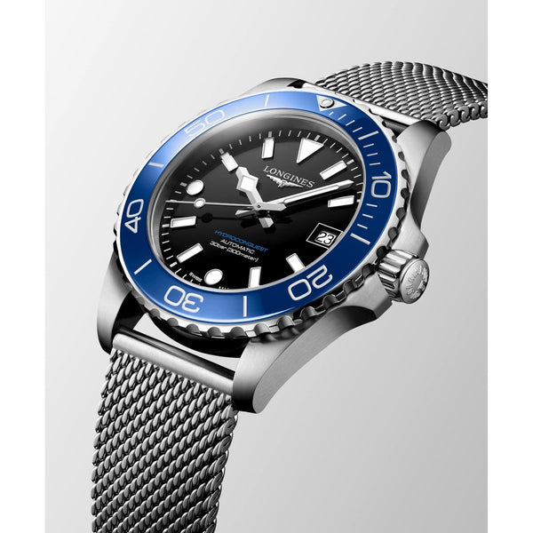 Longines HydroConquest Blue & Black 42mm Steel Mesh Bracelet Watch L3.779.4.90.6