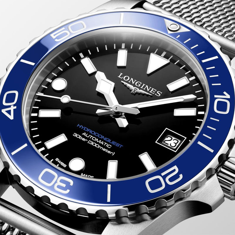 Longines HydroConquest Blue & Black 42mm Steel Mesh Bracelet Watch L3.779.4.90.6