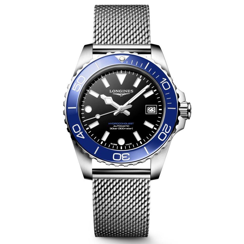 Longines HydroConquest Blue & Black 42mm Steel Mesh Bracelet Watch L3.779.4.90.6