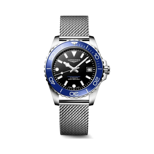 Longines HydroConquest Blue & Black 42mm Steel Mesh Bracelet Watch L3.779.4.90.6