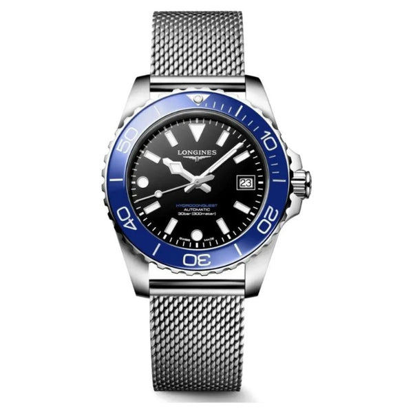 Longines HydroConquest Blue & Black 42mm Steel Mesh Bracelet Watch L3.779.4.90.6