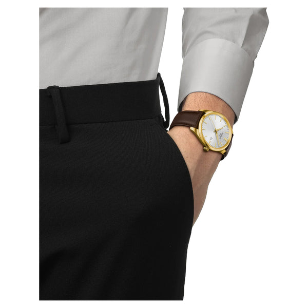 Tissot PR 100 Yellow Gold, Silver Dial, Brown Leather Strap 40mm Watch T1504103639100
