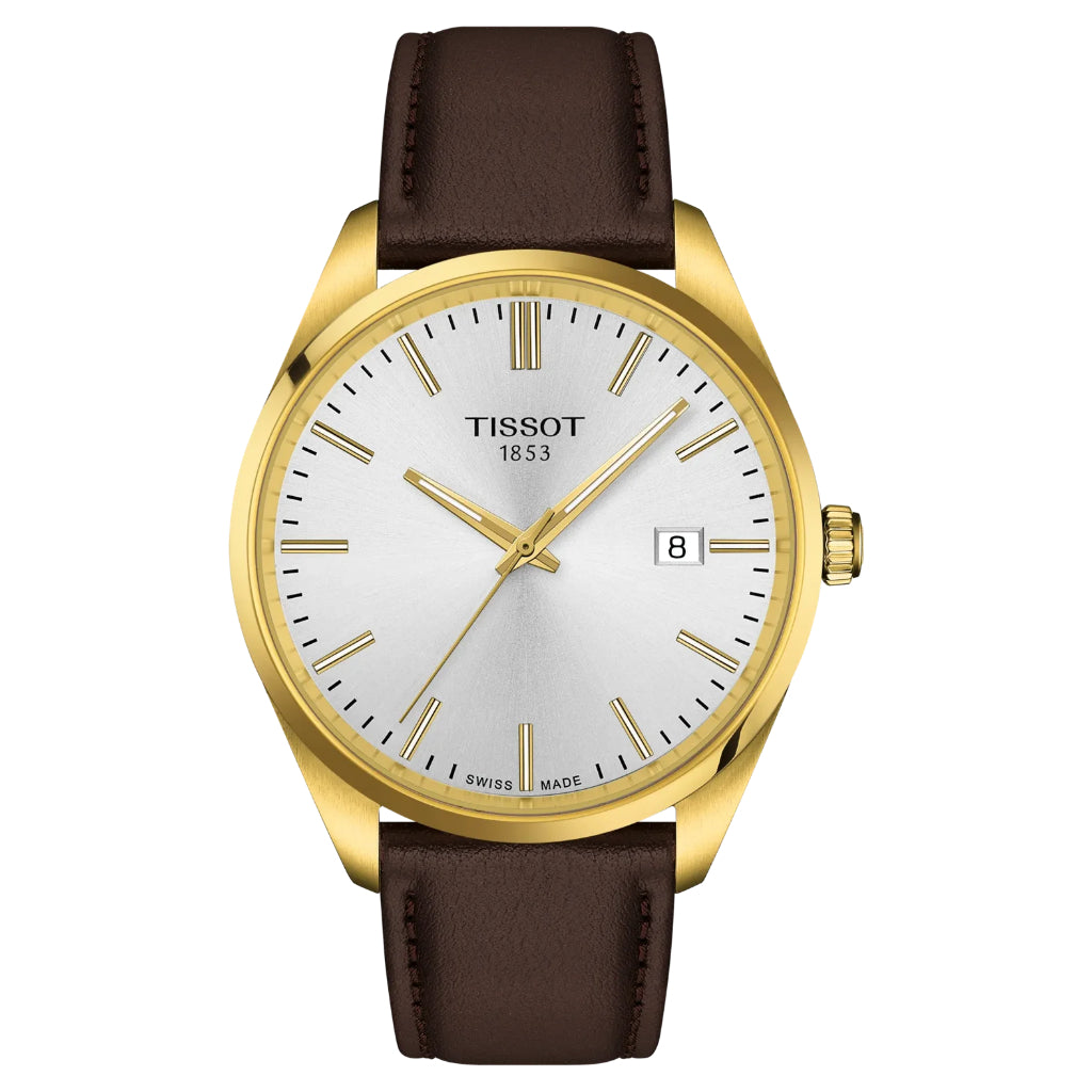 Tissot PR 100 Yellow Gold, Silver Dial, Brown Leather Strap 40mm Watch T1504103639100
