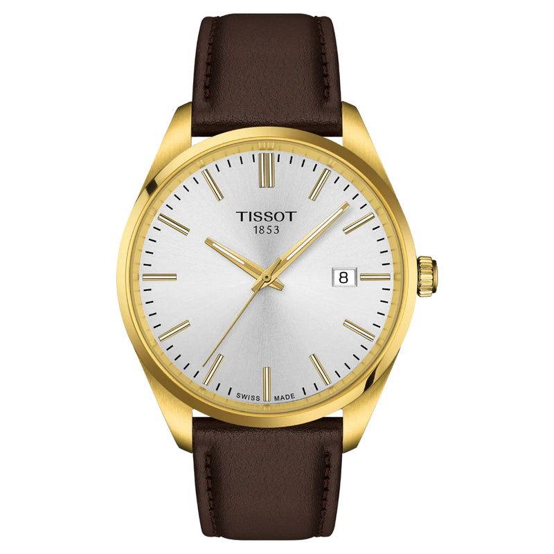Tissot PR 100 Yellow Gold, Silver Dial, Brown Leather Strap 40mm Watch T1504103639100