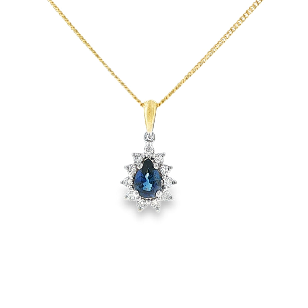 Sapphire & Diamond Pear Cut Cluster, 18ct Yellow & White Gold Pendant