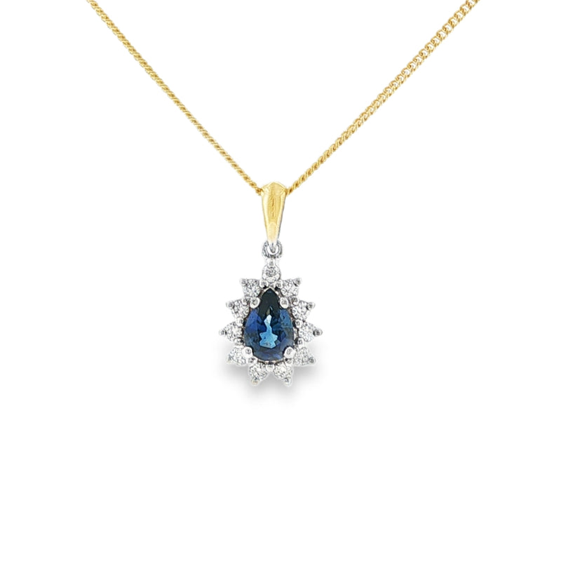 Sapphire & Diamond Pear Cut Cluster, 18ct Yellow & White Gold Pendant