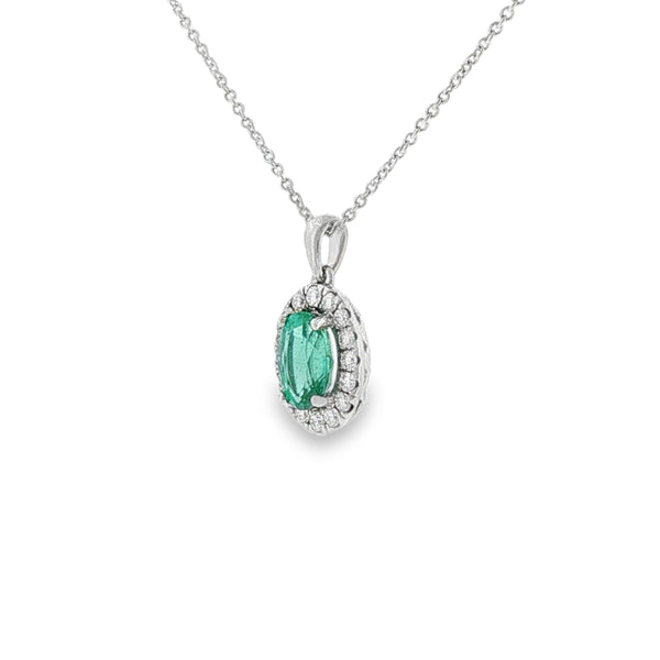 Emerald & Diamond Oval Cut Cluster, 18ct White Gold Pendant