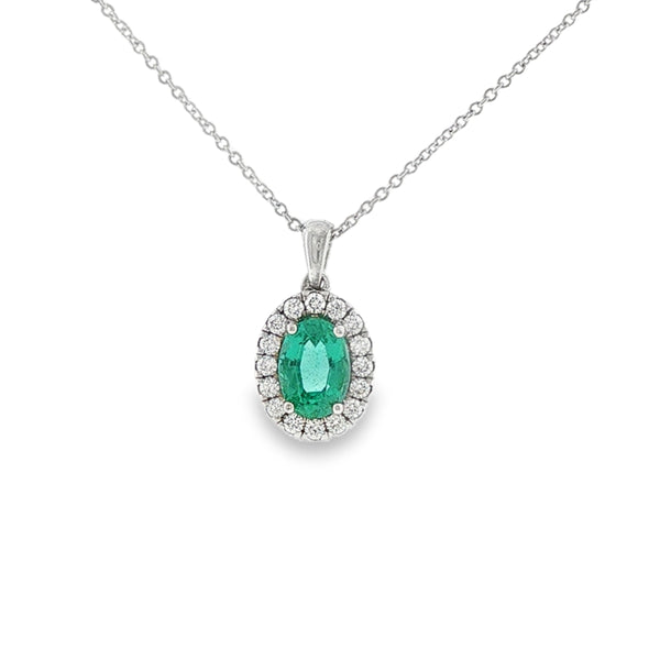 Emerald & Diamond Oval Cut Cluster, 18ct White Gold Pendant