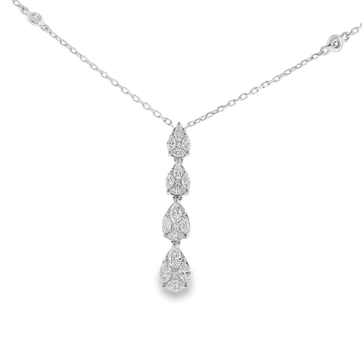 Diamond Pear Shaped Cluster 0.76ct, 18ct White Gold Graduating Drop Pendant