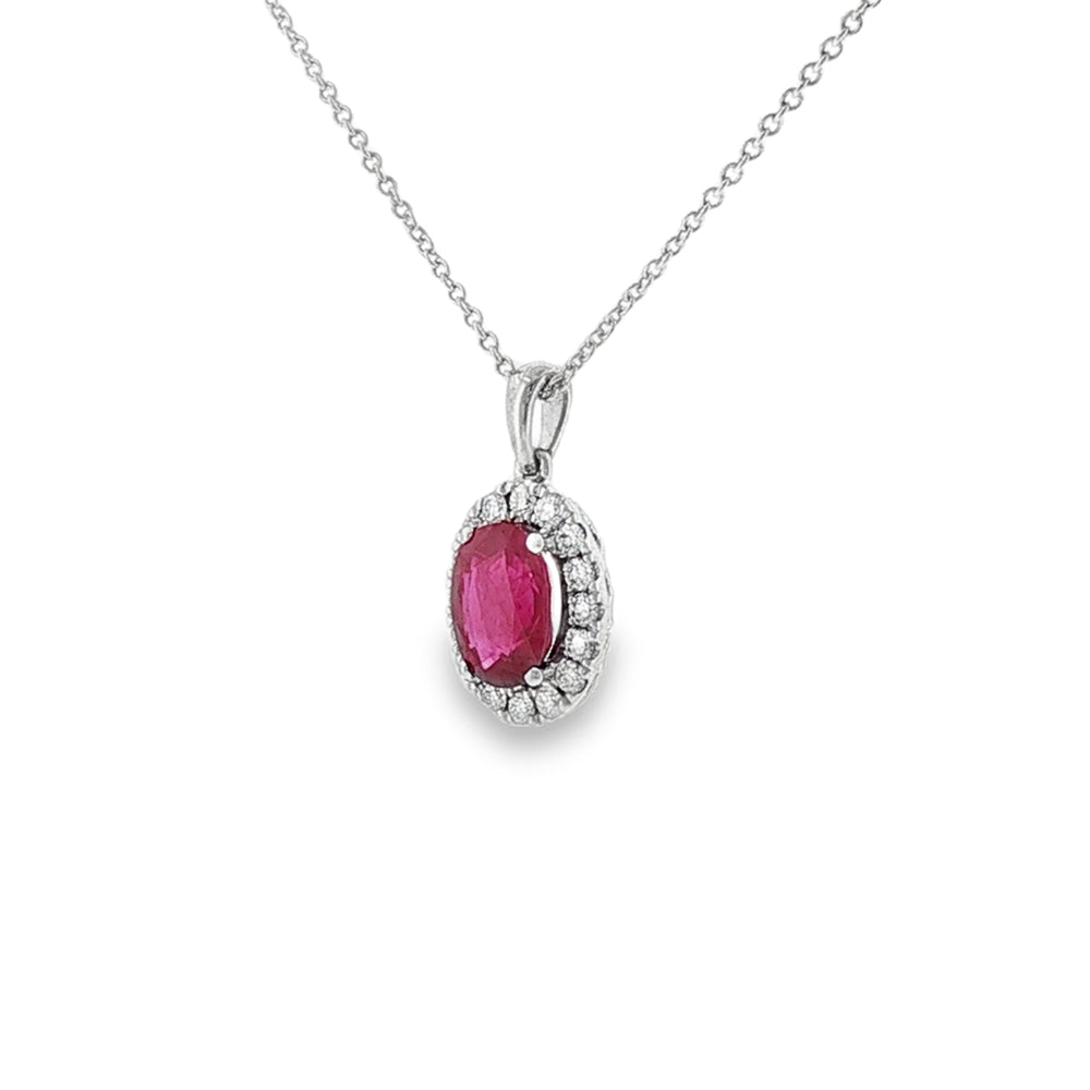 Ruby & Diamond Oval Cut Cluster, 18ct White Gold Pendant