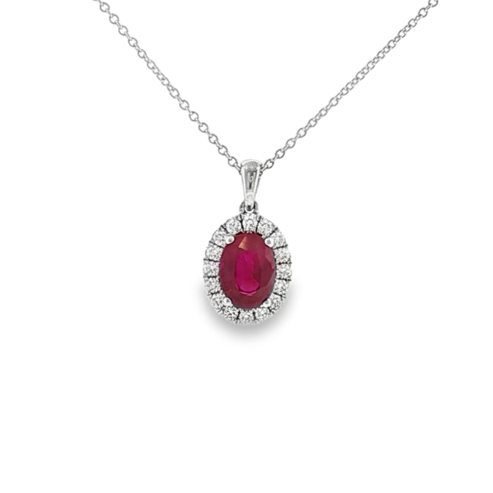 Ruby & Diamond Oval Cut Cluster, 18ct White Gold Pendant