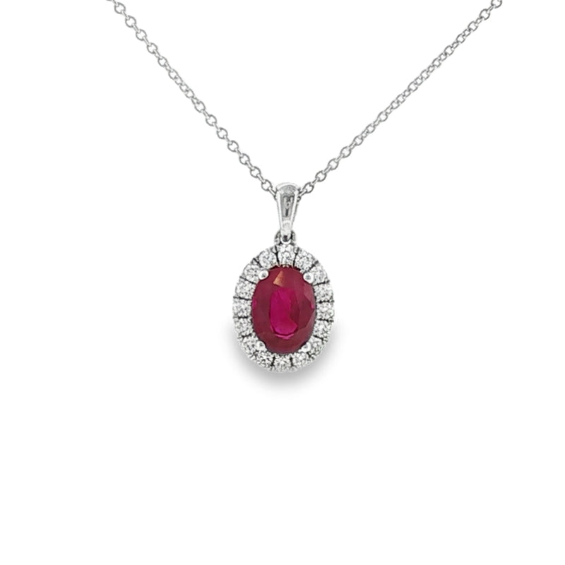 Ruby & Diamond Oval Cut Cluster, 18ct White Gold Pendant