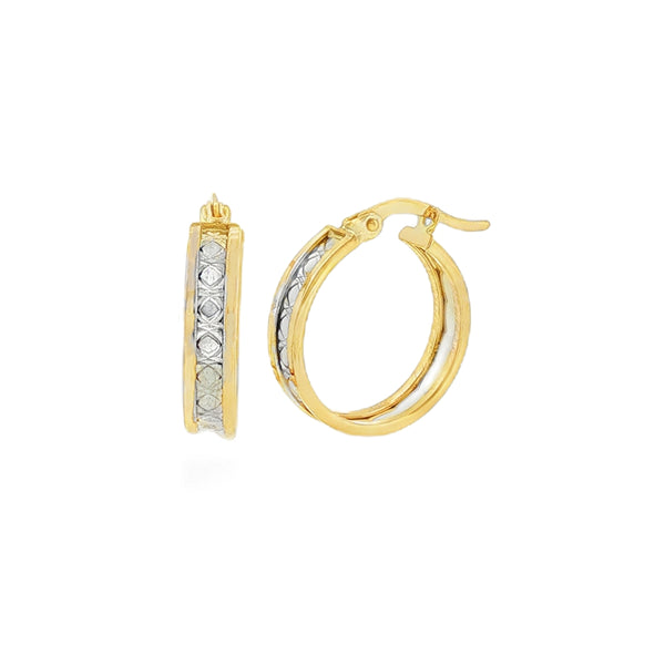 Textured Two Tone 17mm, 9ct Yellow & White Gold Hoop Earrings