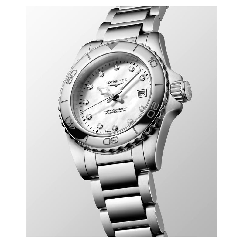 Longines HydroConquest Quartz MOP Diamond Dial 30mm Watch L3.369.4.87.6