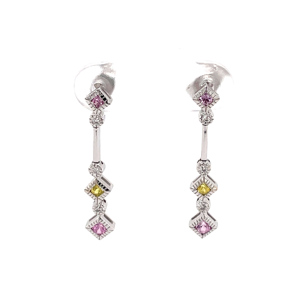 Pink & Yellow Sapphire & Diamond 18ct Drop Earrings