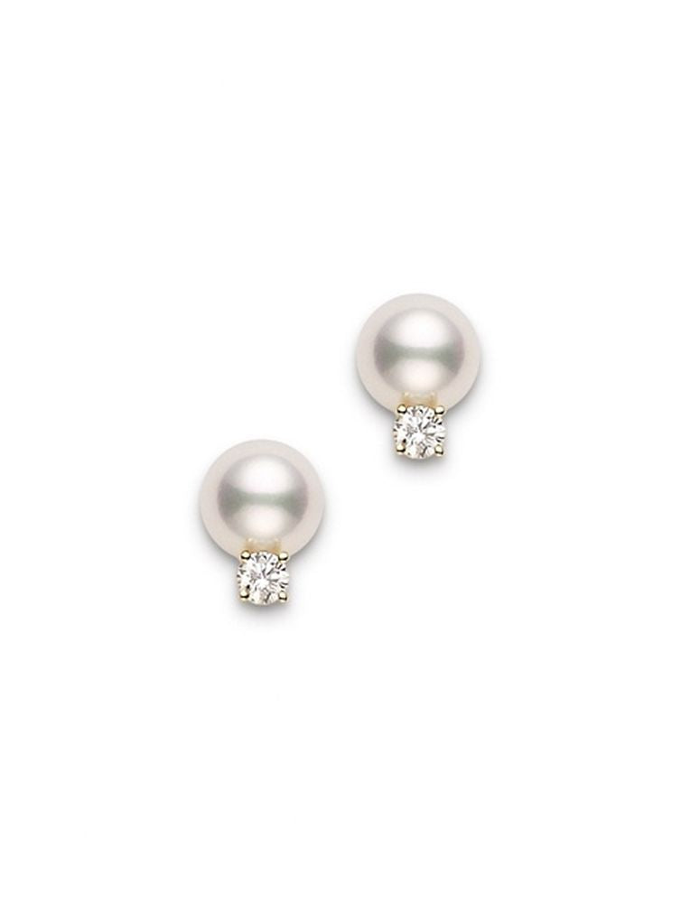 Mikimoto Stud Earrings with Diamond in Yellow Gold