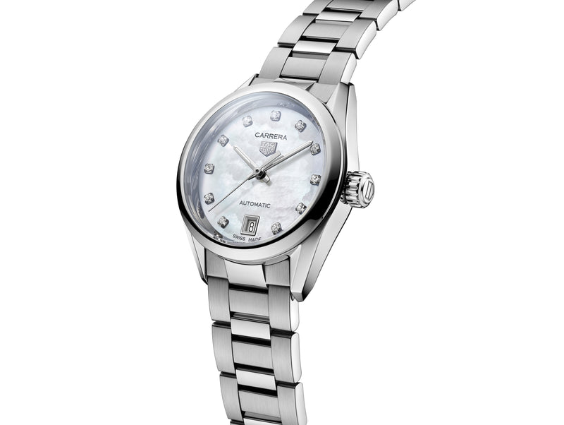 Tag Heuer Carrera Ladies Date MOP Diamond Dial Automatic 29mm WBN2412.BA0621