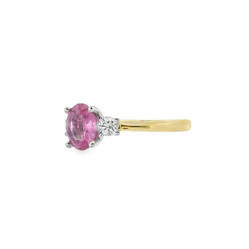 Pink Sapphire & Diamond 3 Stone 18ct Yellow Gold Ring