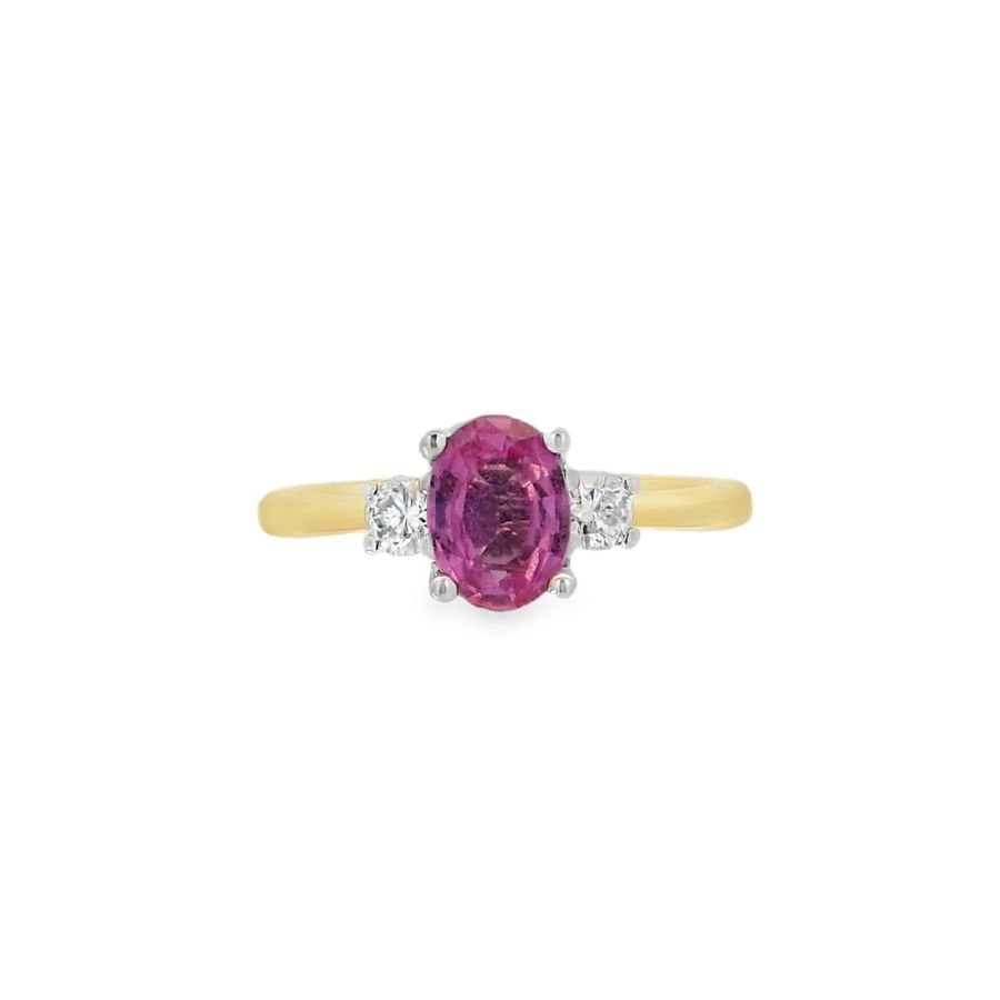 Pink Sapphire & Diamond 3 Stone 18ct Yellow Gold Ring